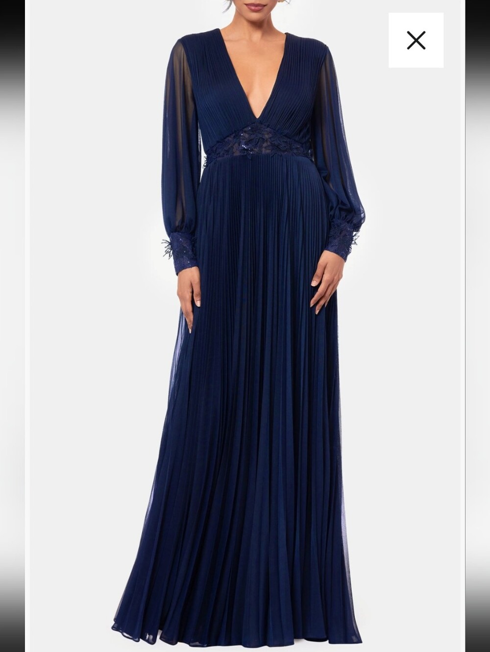 Betsy & Adam NWT Navy Blue Pleated Lace Sequin Maxi Gown Size 14 $289 Flaw